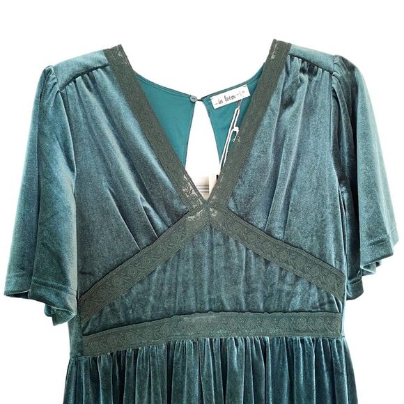 In Loom Dark Green Velvet Lace V Neck Short Sleeve Midi Dress Size Medium - Picture 4 of 9